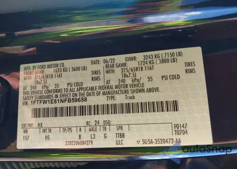 2022 Ford F-150 Lariat from USA, damaged, VIN 1FTFW1E81NFB59658